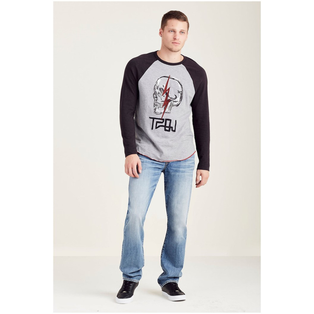 True Religion Men's TRBJ Skull Raglan Long Sleeve Tee T-Shirt - Picture 3 of 4